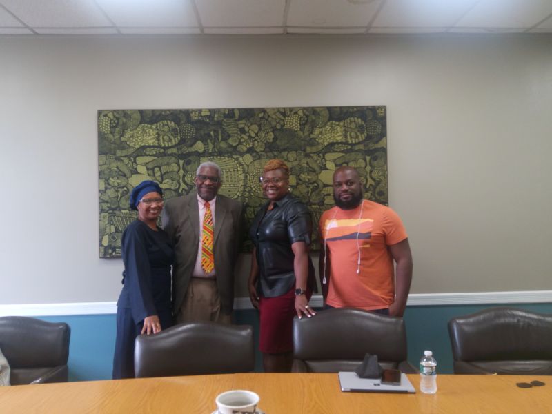 LaShawn Muhammad, John William Templeton and Jamal Patterson greet new Bedford Stuvesant Restoration Corp. CEO Blondel Pinnock at Restoration Plaza. Muhammad is executive director of Central Brooklyn Economic Development Corp., chaired by Templeton with Patterson on the board.