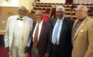 Rev. Arnold Townsend, chair of the African-American Art & Culture Complex; Al Williams, president of the S.F. African-American Historical and Cultural Society and Lou Garrett, past worshipful master of Hannibal Lodge No. 1 join Templeton at Third Baptist Church to honor the work of Dr. Amos C. Brown Jr. on the California reparations task force